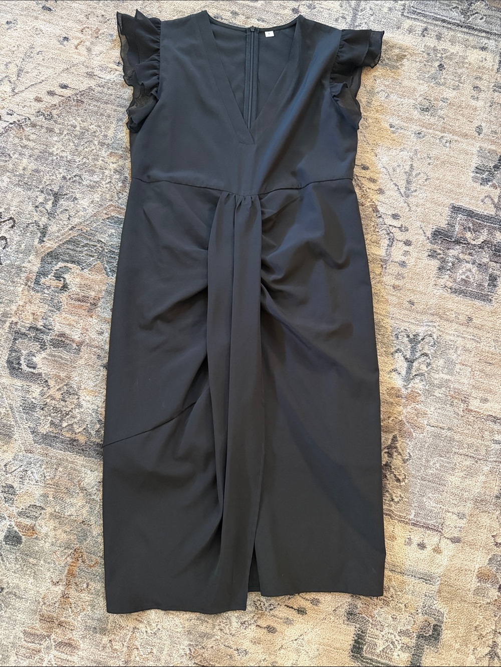 Source Unknown Black Midi Dress with Ruffle Cap Sleeves